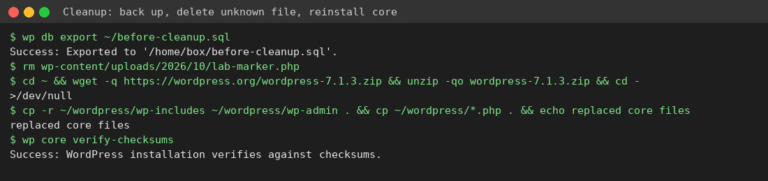 Replacing WordPress core files and verify-checksums succeeding