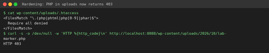 PHP file in uploads now returns HTTP 403 Forbidden