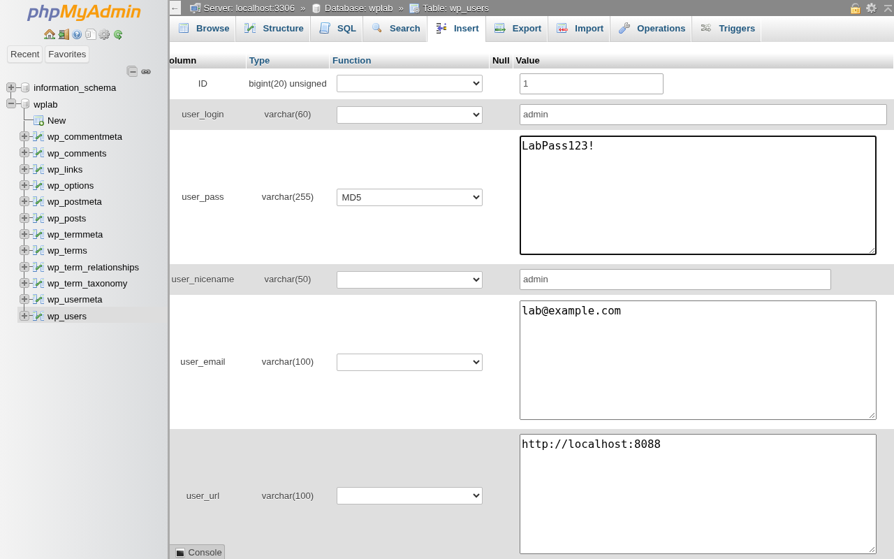 phpMyAdmin edit row with MD5 function selected for user_pass