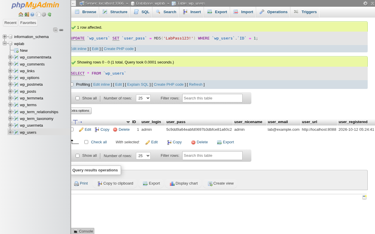 phpMyAdmin confirmation that one row was affected