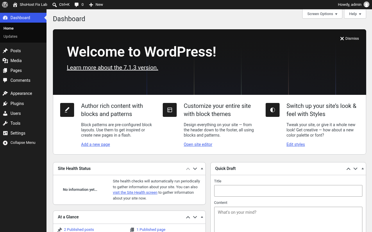 WordPress dashboard after logging in with the reset password