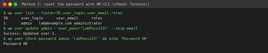 WP-CLI resetting WordPress admin password and verifying it