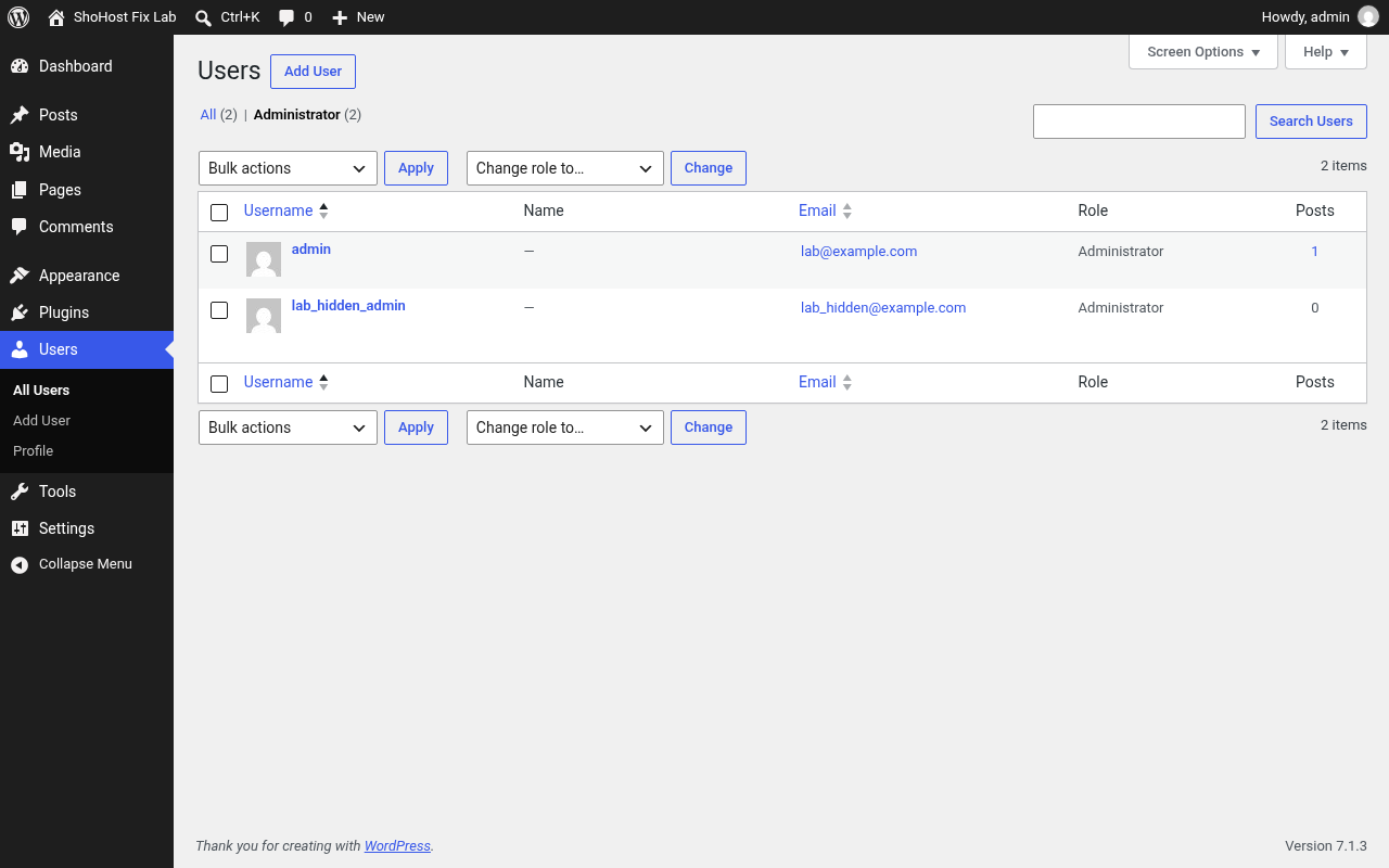 WordPress Users screen filtered to administrators showing an unexpected admin