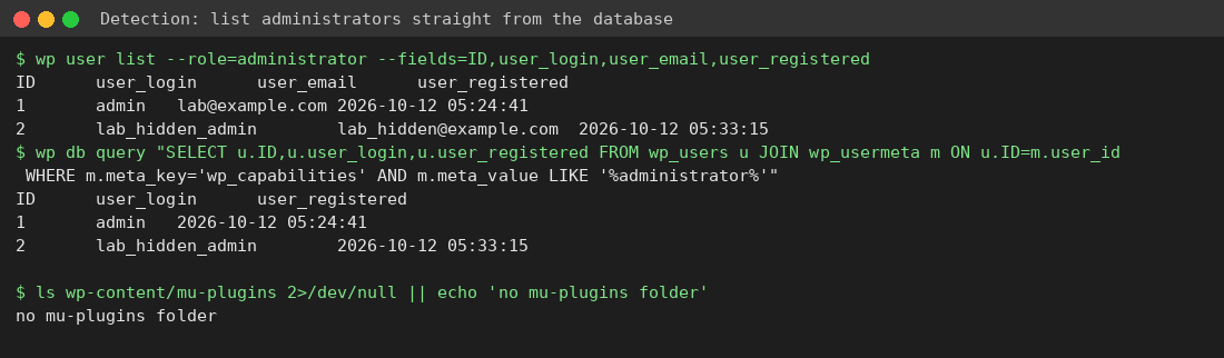 WP-CLI and SQL listing administrator accounts including the rogue one