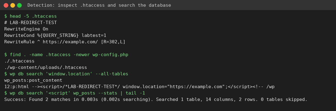 Detecting malicious .htaccess rules and injected script in the WordPress database
