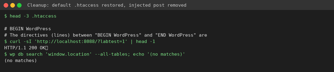 Default .htaccess restored and no redirect remaining