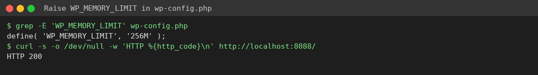 WP_MEMORY_LIMIT set to 256M in wp-config.php and site returning HTTP 200