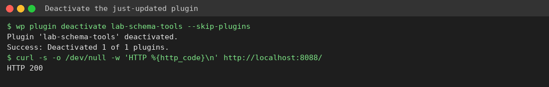 WP-CLI deactivating the updated plugin and site returning HTTP 200