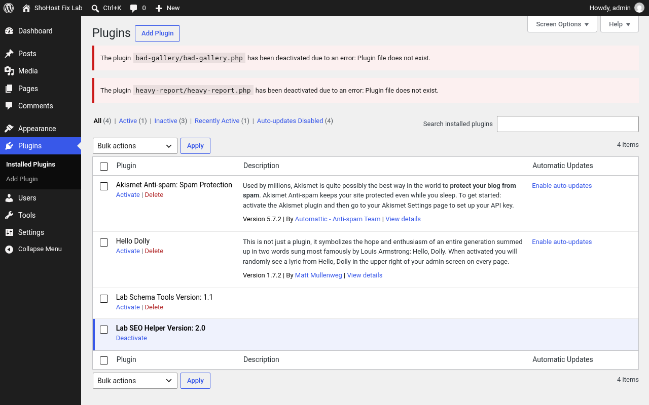 WordPress Plugins screen after deactivating the conflicting plugin