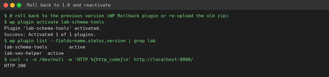 Rolling back plugin to version 1.0 and reactivating with WP-CLI
