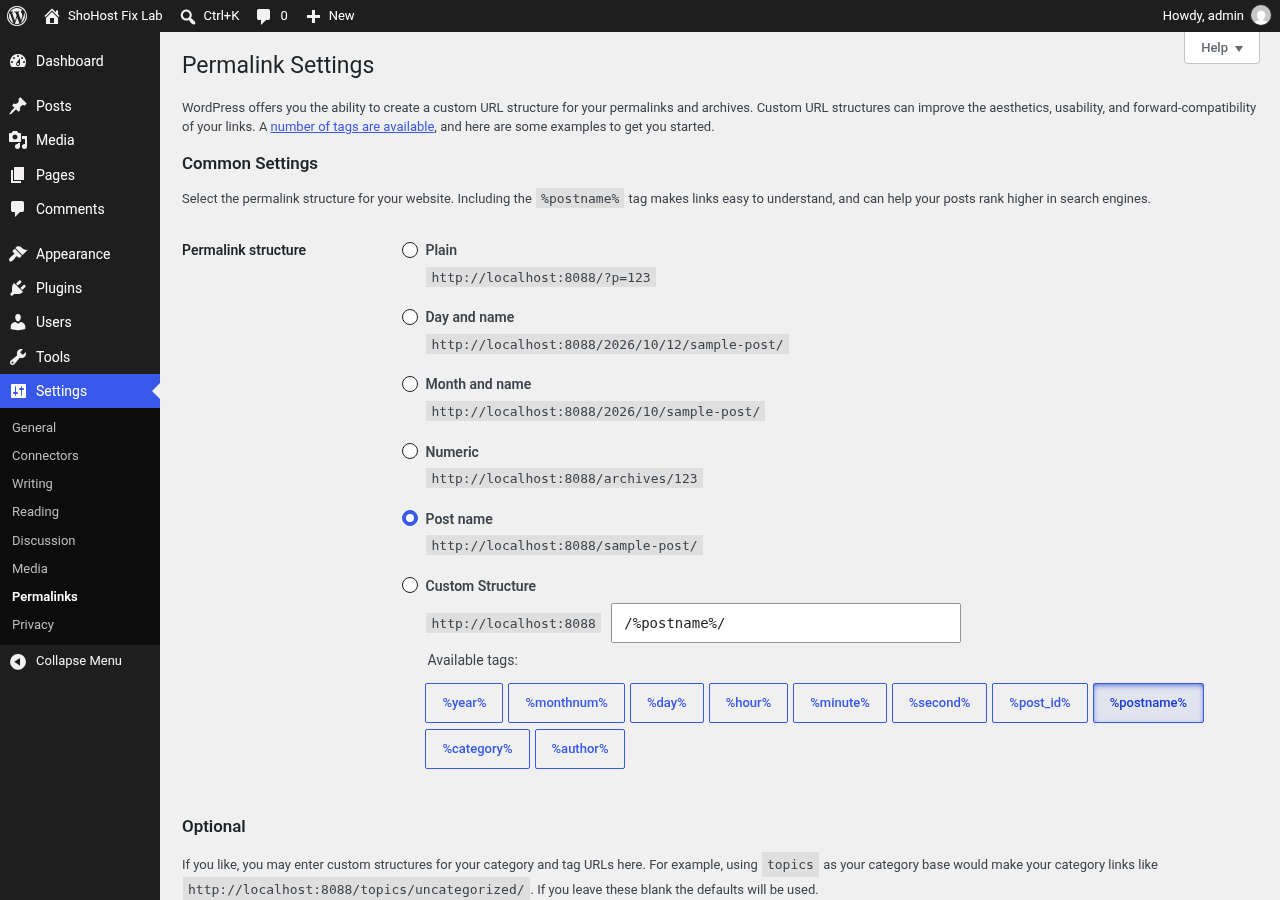 WordPress Settings Permalinks screen with Post name selected