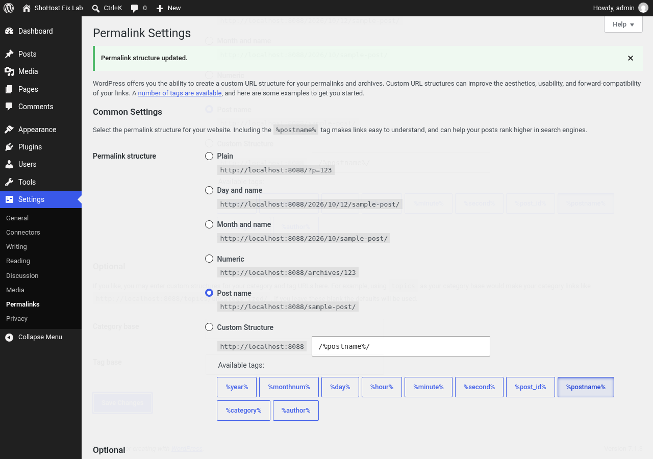 Permalink structure updated confirmation in WordPress
