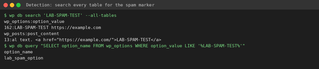 wp db search finding spam marker in wp_posts and wp_options
