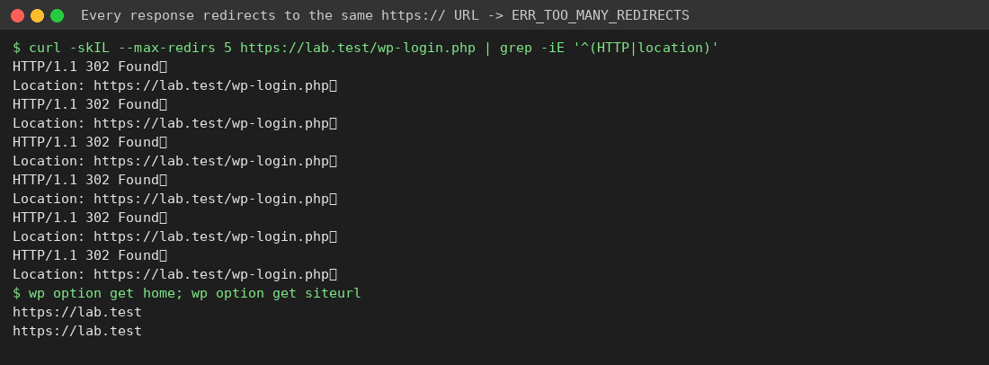 curl output showing repeated 302 redirects to the same https URL