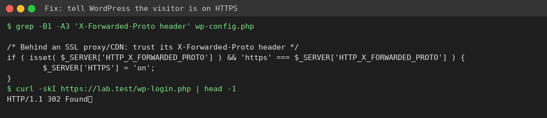 wp-config.php X-Forwarded-Proto snippet and HTTP 200 response