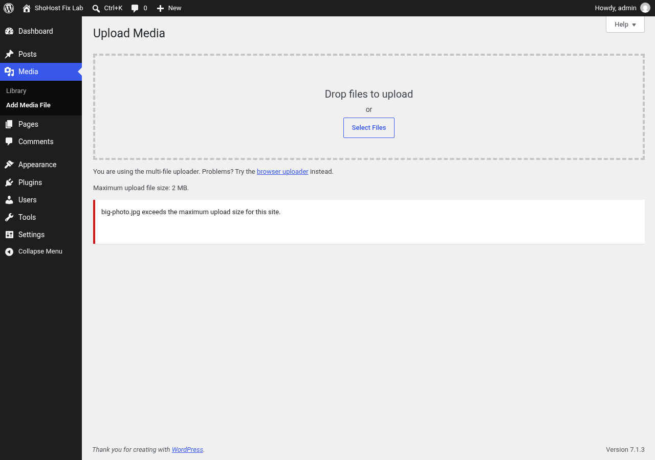 WordPress Upload Media error file exceeds the maximum upload size for this site, max 2 MB