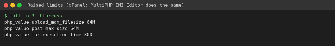 htaccess php_value lines raising upload limits to 64M
