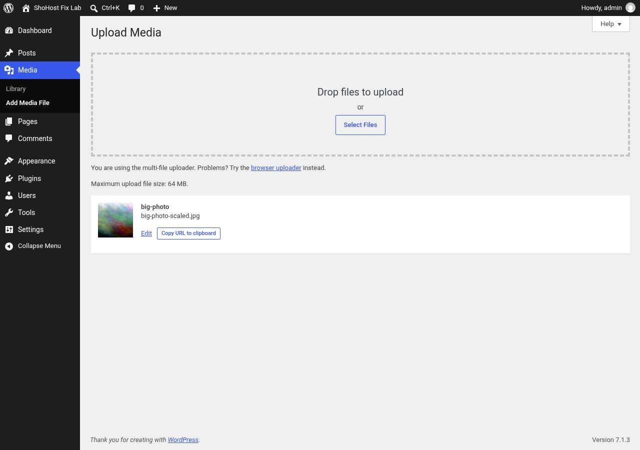 WordPress Upload Media succeeds with maximum upload file size 64 MB
