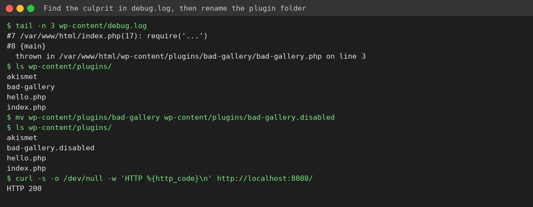 debug.log showing PHP fatal error in a plugin, followed by renaming the plugin folder