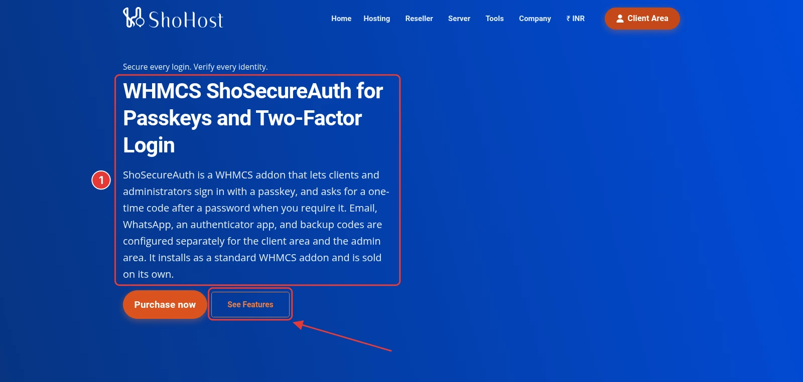 ShoSecureAuth product page hero describing passkeys and two-factor login for WHMCS