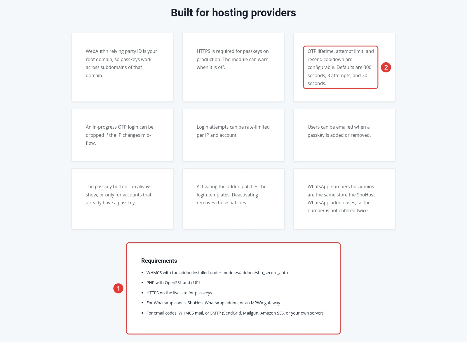 ShoSecureAuth details for hosting providers with the requirements list and default OTP settings