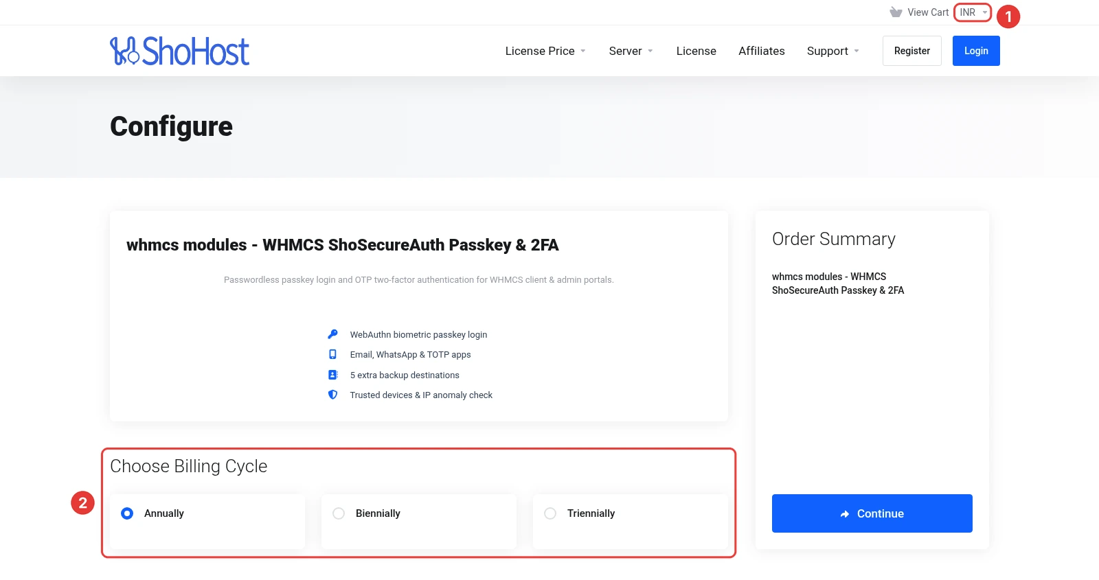 ShoHost store configure page for ShoSecureAuth with INR currency and billing cycle options