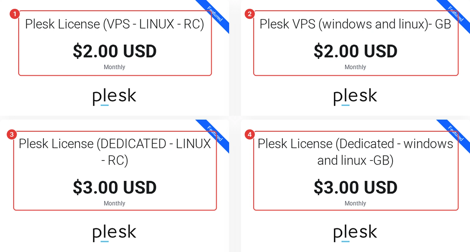 ShoHost licence store Plesk category with the four VPS and dedicated RC and GB cards