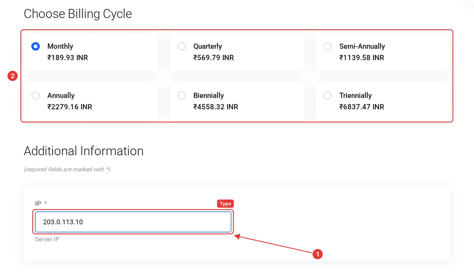 Plesk licence configure page with the IP field and the billing cycle options in rupees