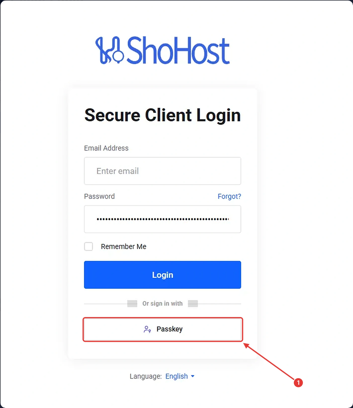 WHMCS client login page with email and password fields and a Passkey button under Or sign in with