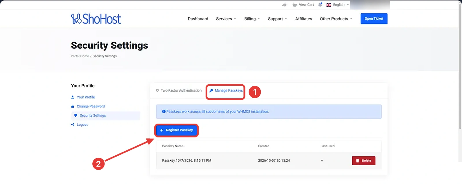 Client area Security Settings page with a Manage Passkeys tab, a Register Passkey button and a list of saved passkeys