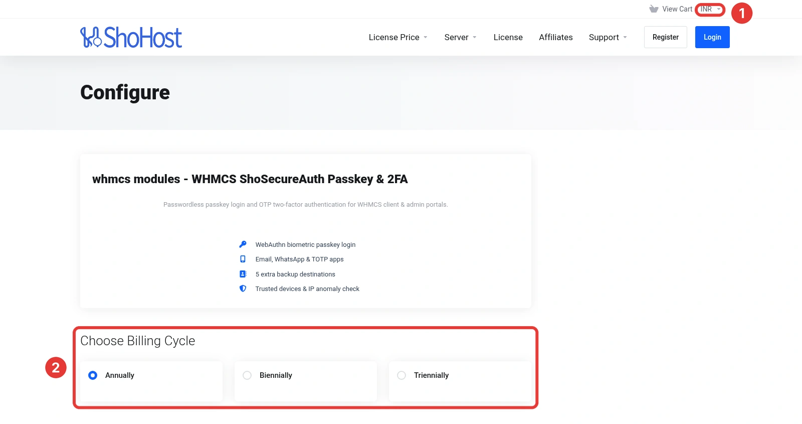 ShoHost store configure page for ShoSecureAuth with INR selected and the billing cycle options