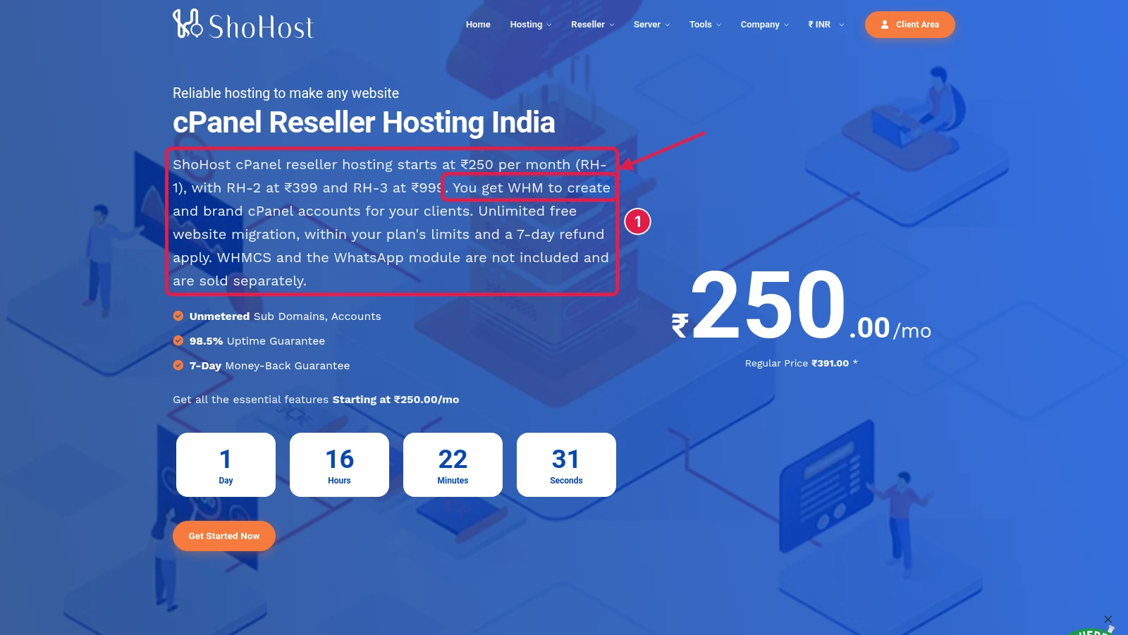 ShoHost cPanel reseller hosting India page intro saying you get WHM to create and brand cPanel accounts for your clients