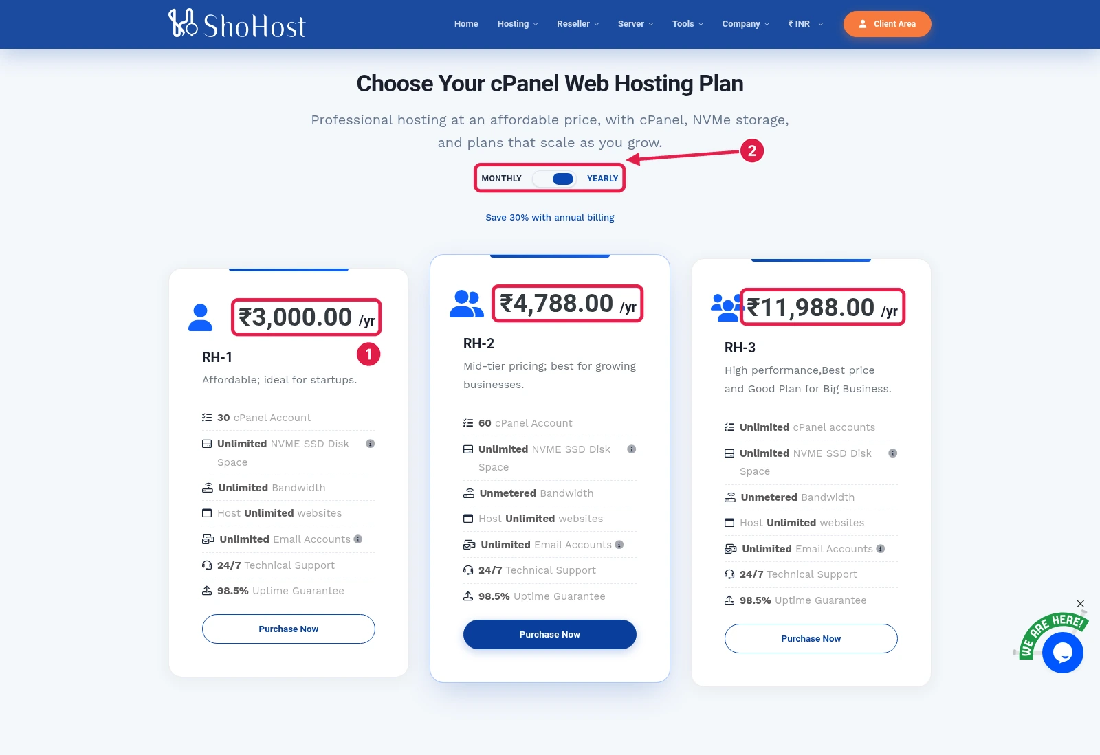 ShoHost reseller plan cards on yearly billing