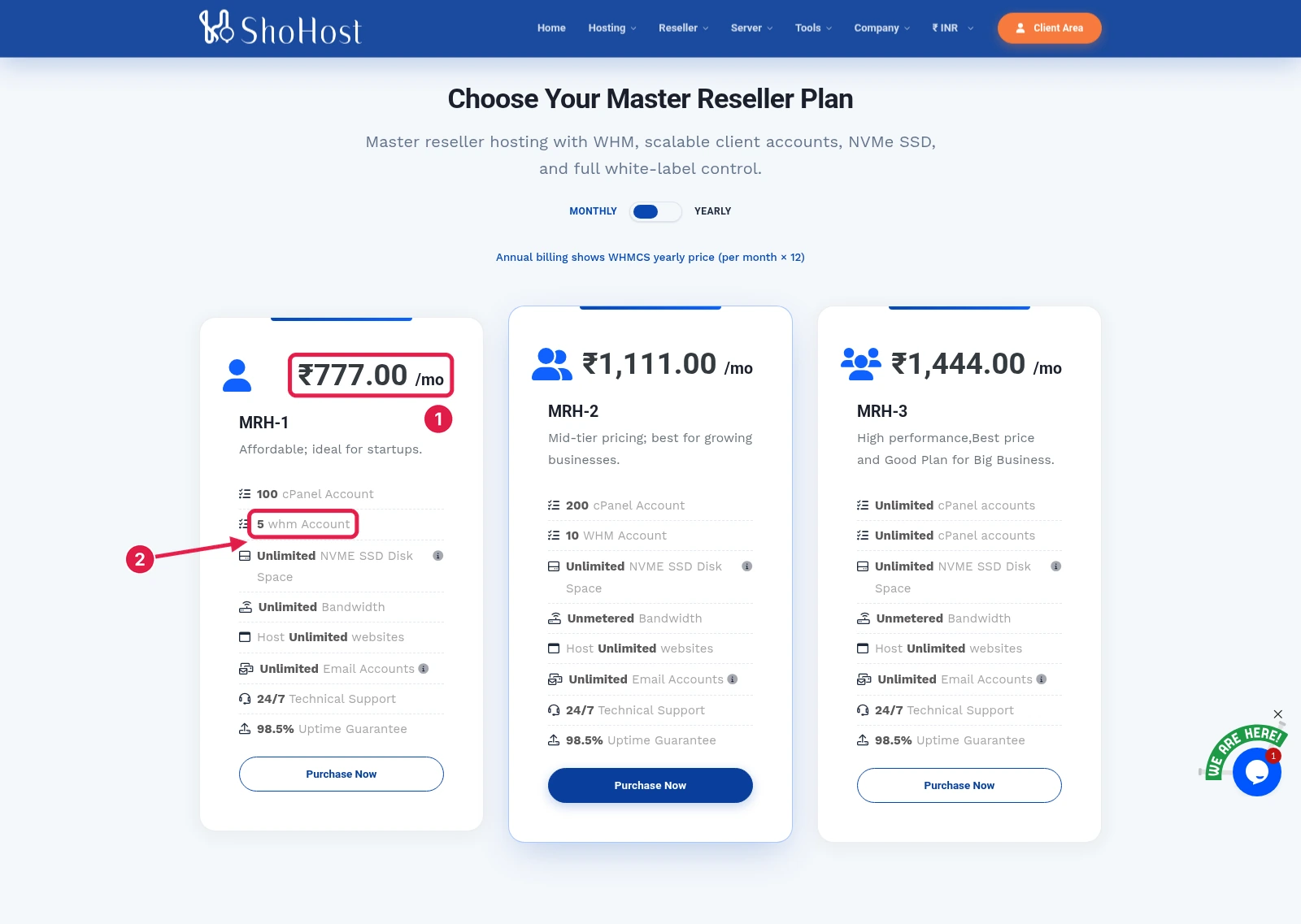 ShoHost master reseller plan cards starting at ₹777 per month with reseller account counts