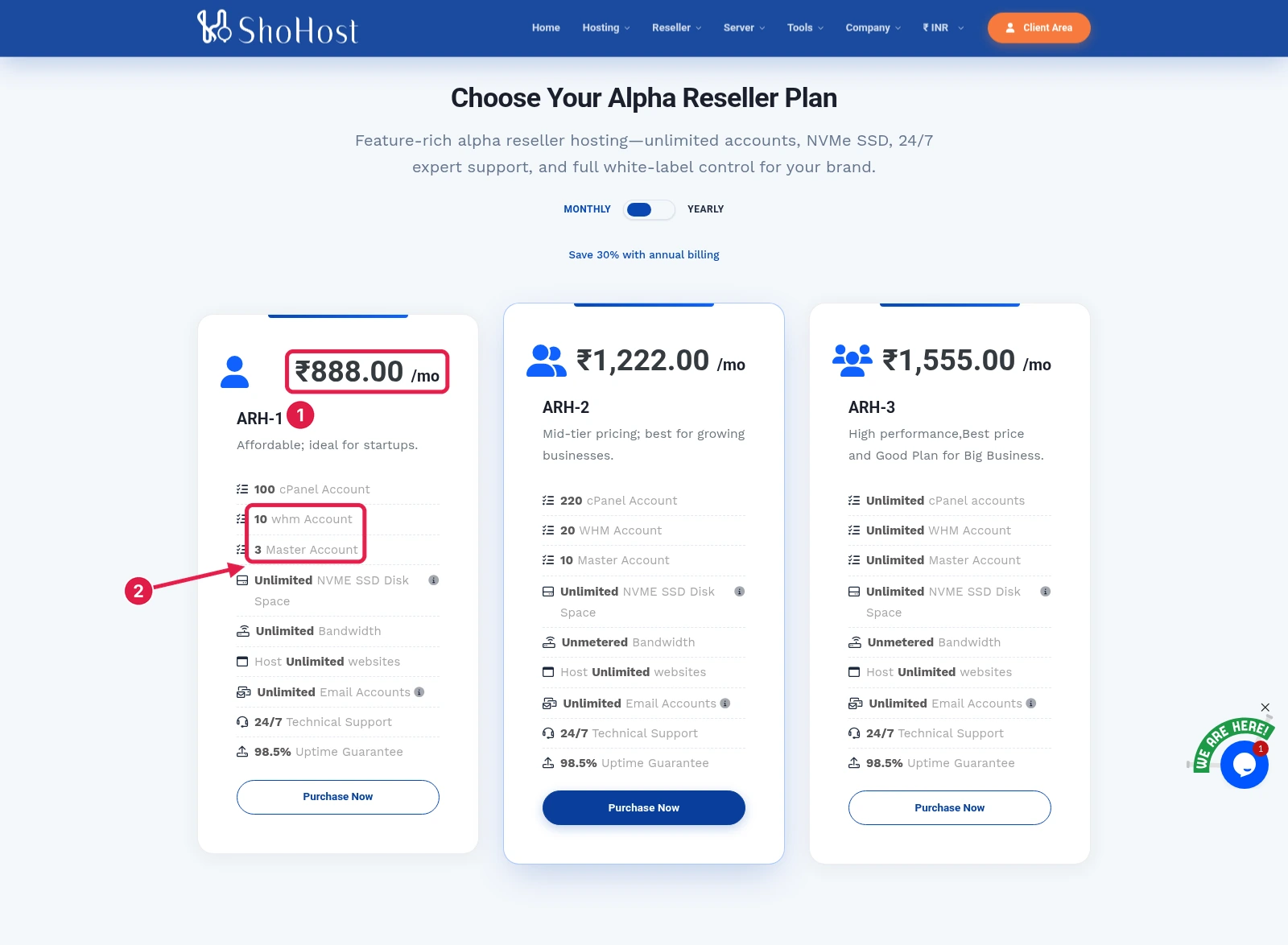 ShoHost alpha reseller plan cards starting at ₹888 per month with master account counts