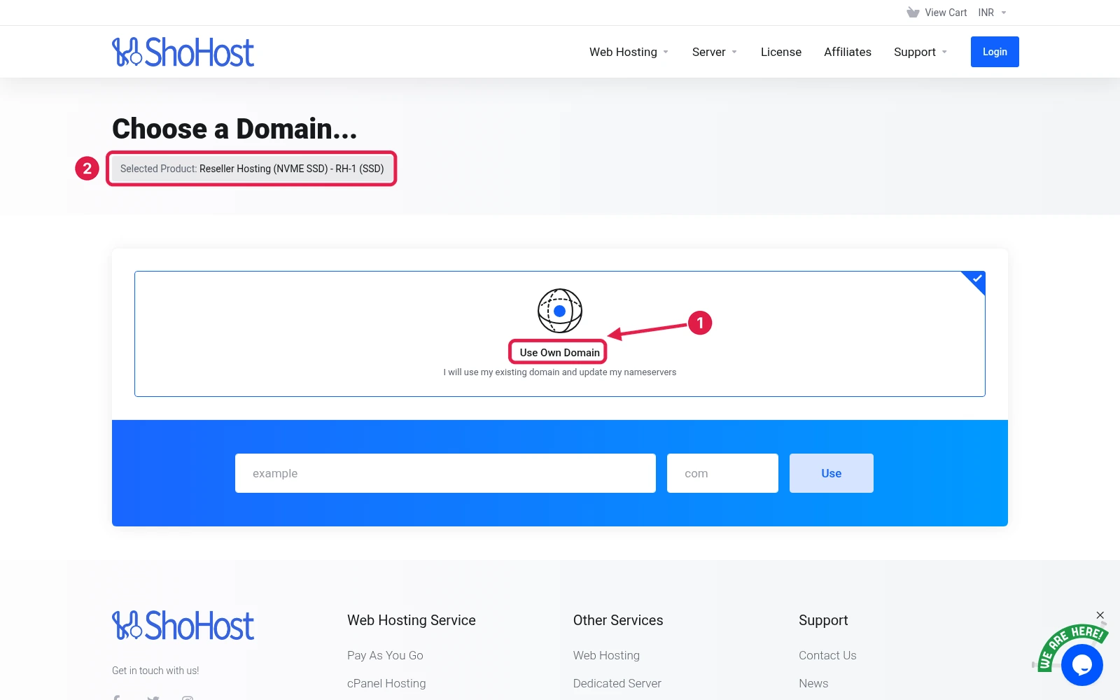 ShoHost cart domain step for Reseller Hosting RH-1 with the Use Own Domain option