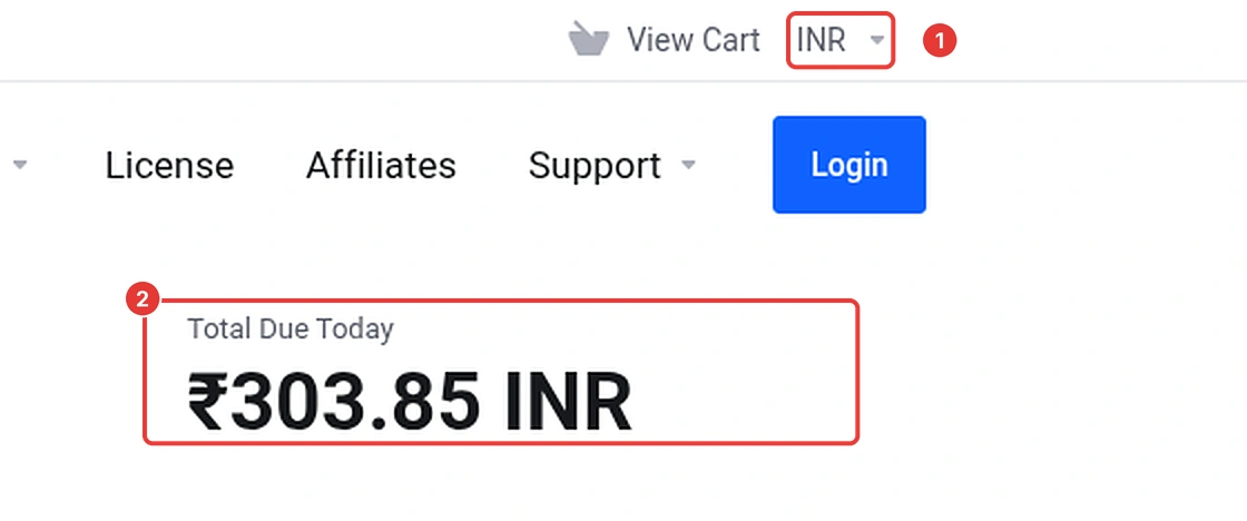 ShoHost cart currency selector set to INR and the Total Due Today box showing ₹303.85 for RH-1