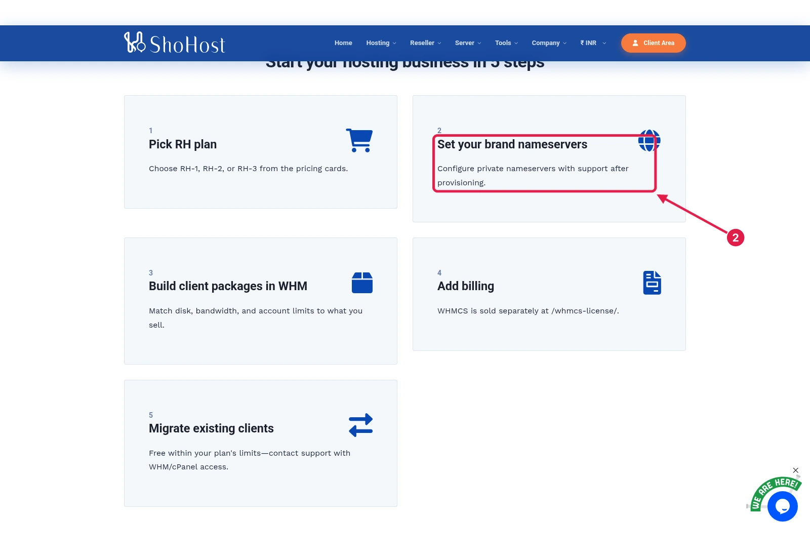 ShoHost reseller page five steps block with the step about configuring private nameservers with support
