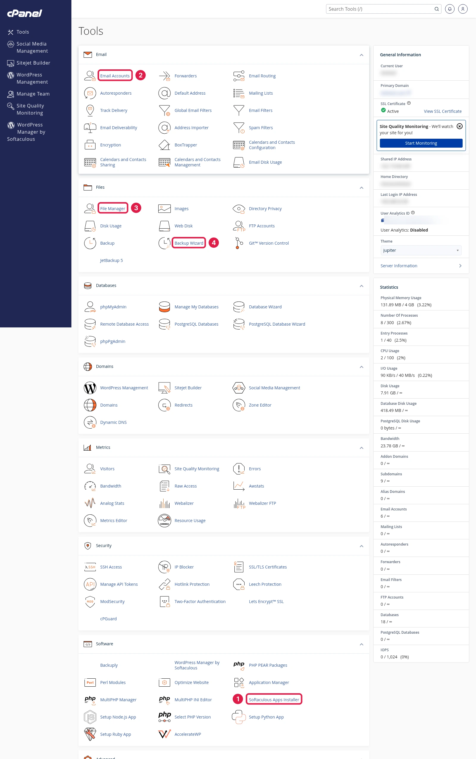 Client cPanel home with markers on Softaculous Apps Installer, Email Accounts, File Manager and Backup Wizard