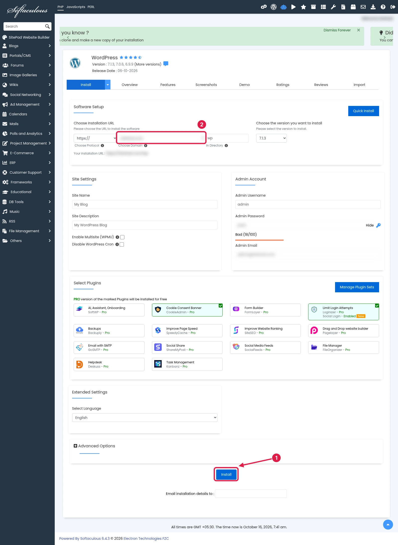 Softaculous WordPress install tab in cPanel with the domain dropdown and Install button