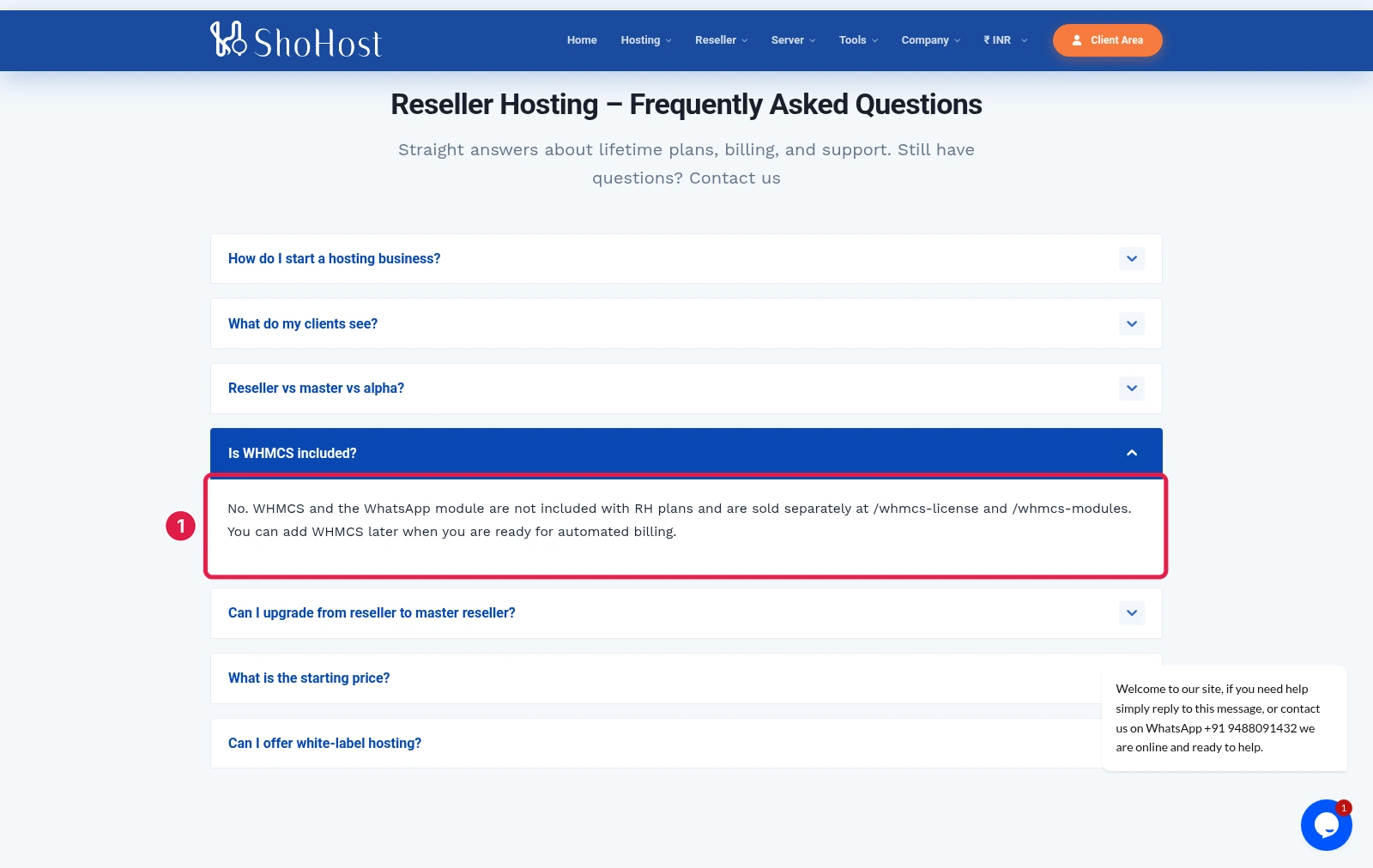 ShoHost reseller page FAQ answer saying WHMCS and the WhatsApp module are not included