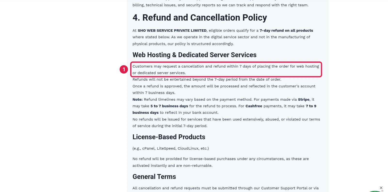 ShoHost system policies refund section with the within 7 days bullet highlighted